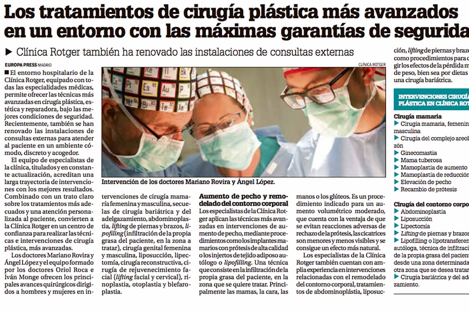 Tratamientos de Cirugía Plástica y Estética en un entorno de seguridad