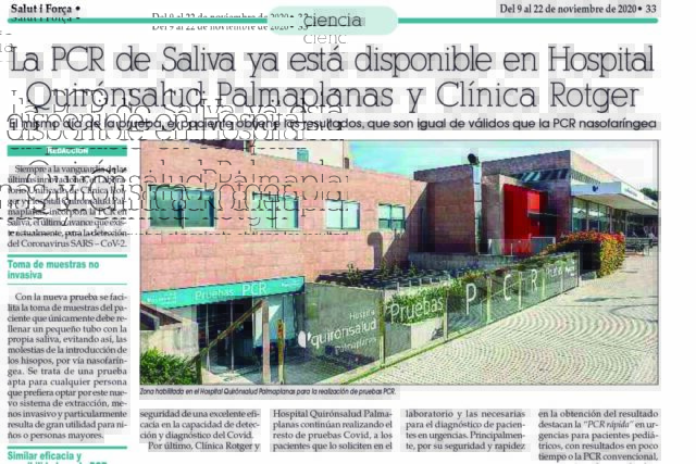 PCR de Saliva en Clínica Rotger y Hospital Quirónsalud Palmaplanas
