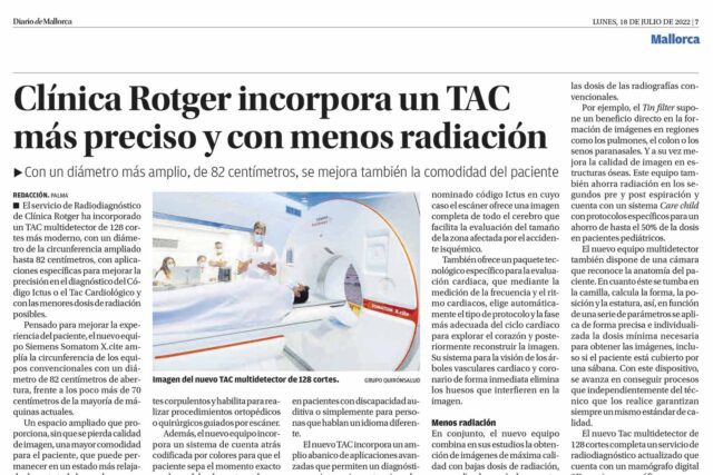 Clínica Rotger incorpora un TAC mas preciso y menos radiación