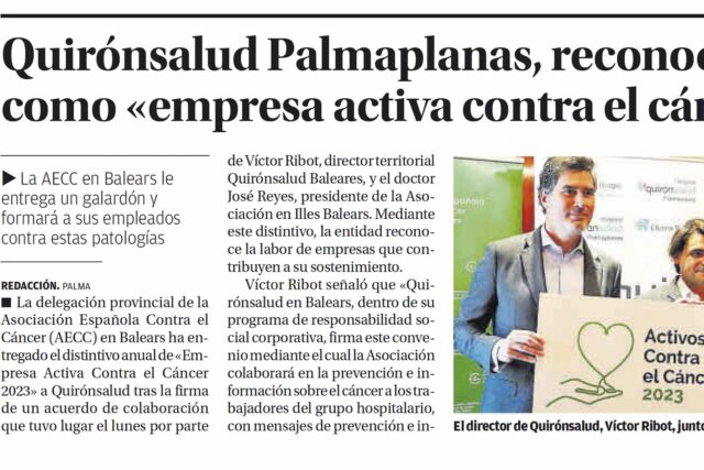 Quirónsalud en Baleares, nueva ‘Empresa Activa Contra el Cáncer 2023’ en Illes Balears