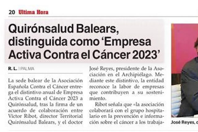 Quirónsalud en Baleares, nueva ‘Empresa Activa Contra el Cáncer 2023’ en Illes Balears