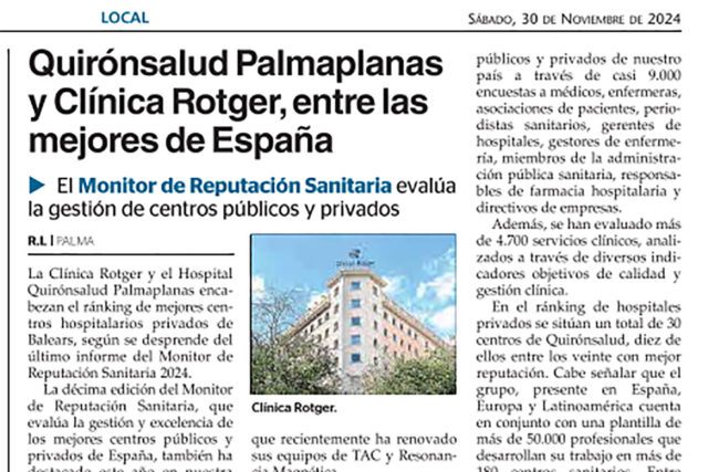 Quirónsalud Palmaplanas y Clínica Rotger, entre las mejores de España