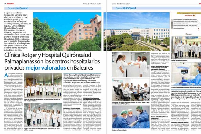 Clínica Rotger y Hospital Quirónsalud Palmaplanas como los centros hospitalarios privados mejor valorados en Baleares